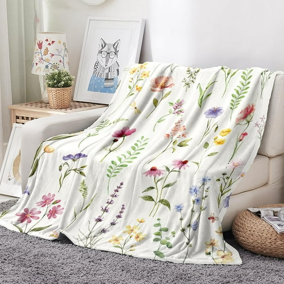 Wildflowers Throw Blanket Botanical Floral Printed Blanket Super Soft Flannel Throw Blankets Lightweight Fluffy Plush Fuzzy Bed Blankets for Bedding Sofa
