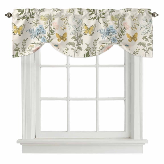 Wildflowers Tie Up Valance Curtains for Windows, Kitchen Curtains Window Shades, Spring Flowers Plants Farmhouse Pastoral Light Filtering Roman Curtain Valances for Bedroom/Bathroom/Cafe 42"x12"