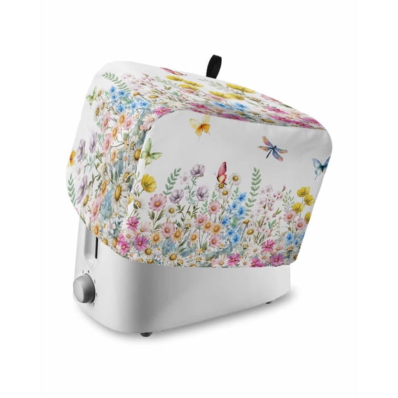 Wildflowers Toaster Cover 4 Slice, Large Kitchen Appliance Covers, Farmhouse Country Dragonfly Butterfly Floral Toaster Oven Cover with Loop, Bread Machine Cover Polyester Dust Cover Protection
