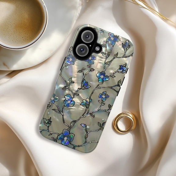 Wildflowers Tough Phone Case, Abalone Inlay PRINTED Design, Floral Protective Covers for iPhone 17 16 15 14 Galaxy S26 S25 S24 Pixel 10 9 8