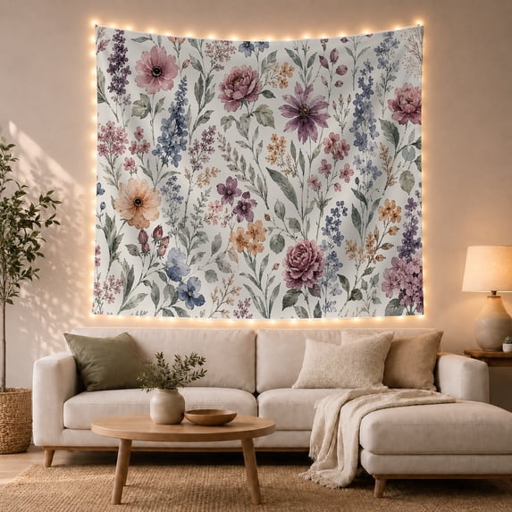 Wildflowers in a Vertical Garden Pattern, Peaceful Watercolor Style for Botanical Art Lovers, Floral Wall Decor Housewarming Gift, Tapestry Wall Hanging for Bedroom and Living Room