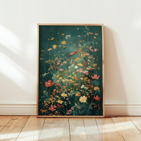 Wildflowers Wall Art Vintage Watercolour Emerald Green Botanical Print Floral Decor Minimalist Modern Farmhouse Boho Field Of Flowers Decor Wall Art, Modern Wall Decor, 8x12 UNFRAMED