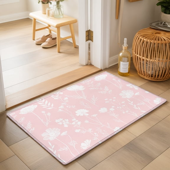 Wildflowers Washable Small Entryway Area Rugs 2'x3', Botanical Leaves Plant Vintage Blush Pink Washable Throw Rug Non-Slip Sturdy Edge Binding Carpet for Front Door Floor Room Entry