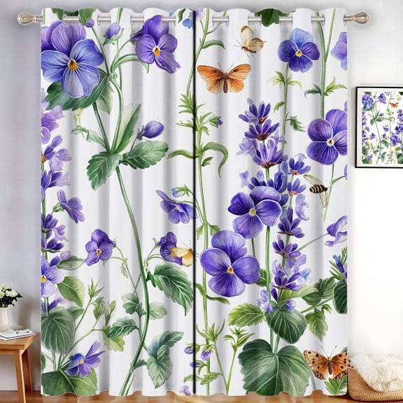 Wildflowers Watercolor Blackout Curtains For Bedroom And Living Room - Violets And Lavender Thermal Insulated Room Darkening Curtains 38"W x 54"L (Pack of 2)