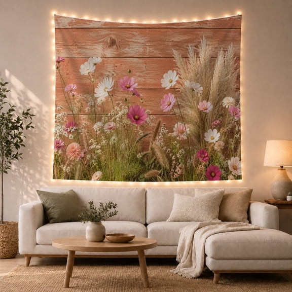 Wildflowers on Weathered Wood Planks, Nostalgic Rustic Style for Flower Lovers, Meadow Wall Decor, Housewarming Gift Tapestry Wall Hanging for Bedroom and Living Room