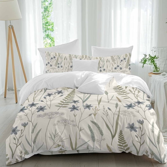 Wildflowers Weed 4 Piece Duvet Cover Set Twin Size Country Vintage Watercolor Blue Flowers Green Leaf Soft Bedding Set Comforter Cover, 1 Duvet Cover 1 Flat Sheets and 2 Pillowcases