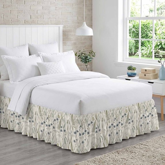 Wildflowers Weed Bed Skirt King Size 18 Inch Drop, Country Vintage Watercolor Blue Flowers Green Leaf Adjustable Elastic Dust Ruffles Bedskirt for King Bed Wrap Around Pleated Mattress Frame Cover
