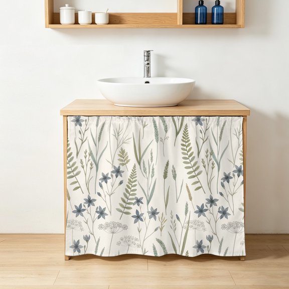 Wildflowers Weed Cabinet Curtains 10"W x 11"L, Country Vintage Watercolor Blue Flowers Green Leaf Under-Desk Privacy Dust Proof Drape Dishwasher Curtain Sink Skirt for Kitchen Closet Bathroom Laundry