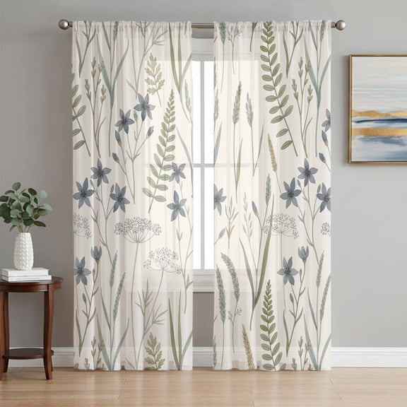 Wildflowers Weed Sheer Curtains for Living Room Bedroom, Country Vintage Watercolor Blue Flowers Green Leaf Light Filtering Sheer Curtain Rod Pocket Voile Window Treaments Drapes, 52 x 108 Inches