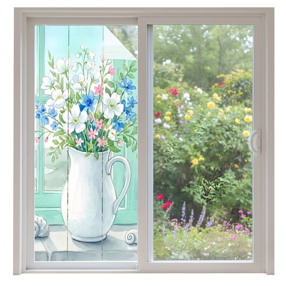 Wildflowers in A White Kettle Window Privacy Film Coastal Window Sea Shell Summer Decorative Glass Window Film UV Blocking Static Cling Non-Adhesive Sticker Covering for Home Door 35.4x78.7 inches