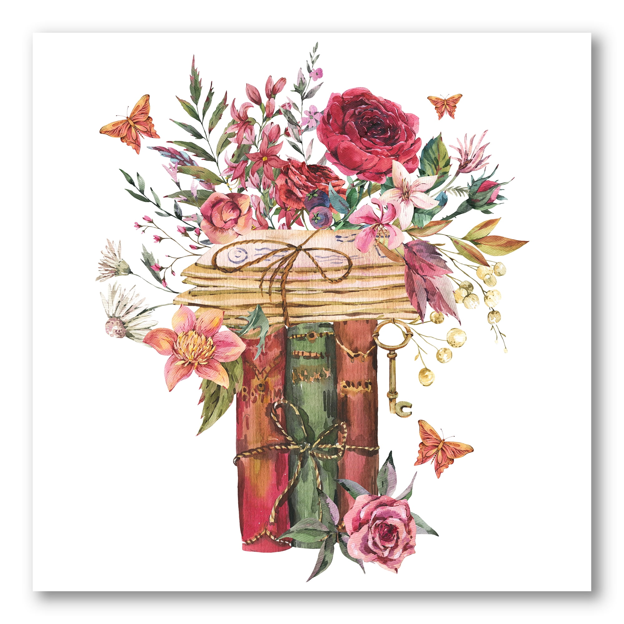 Wildflowers With Vintage Old Books 30 in x 30 in Painting Canvas Art Print, by Designart