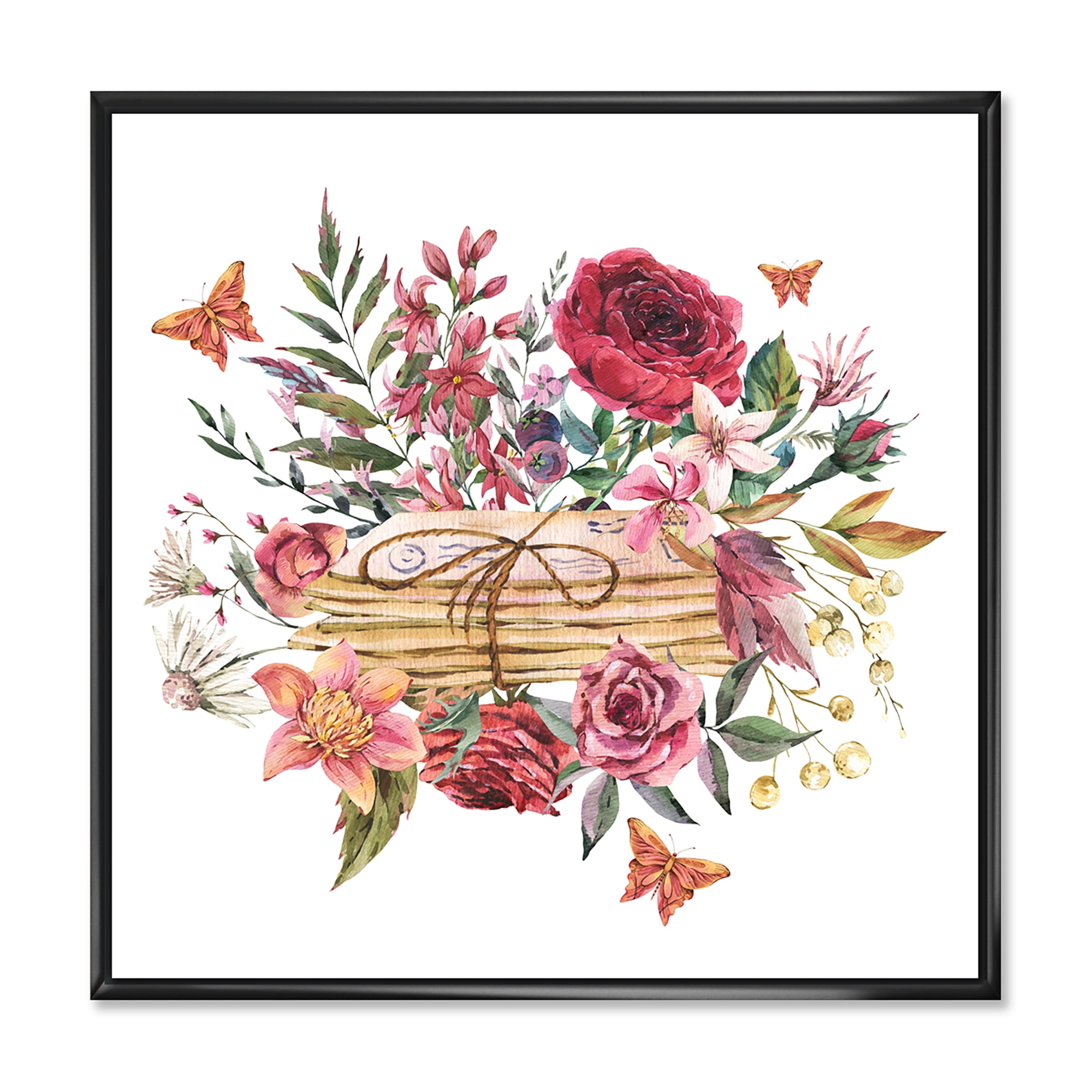 Wildflowers With Vintage Old Letters 30 in x 30 in Framed Painting Canvas Art Print, by Designart