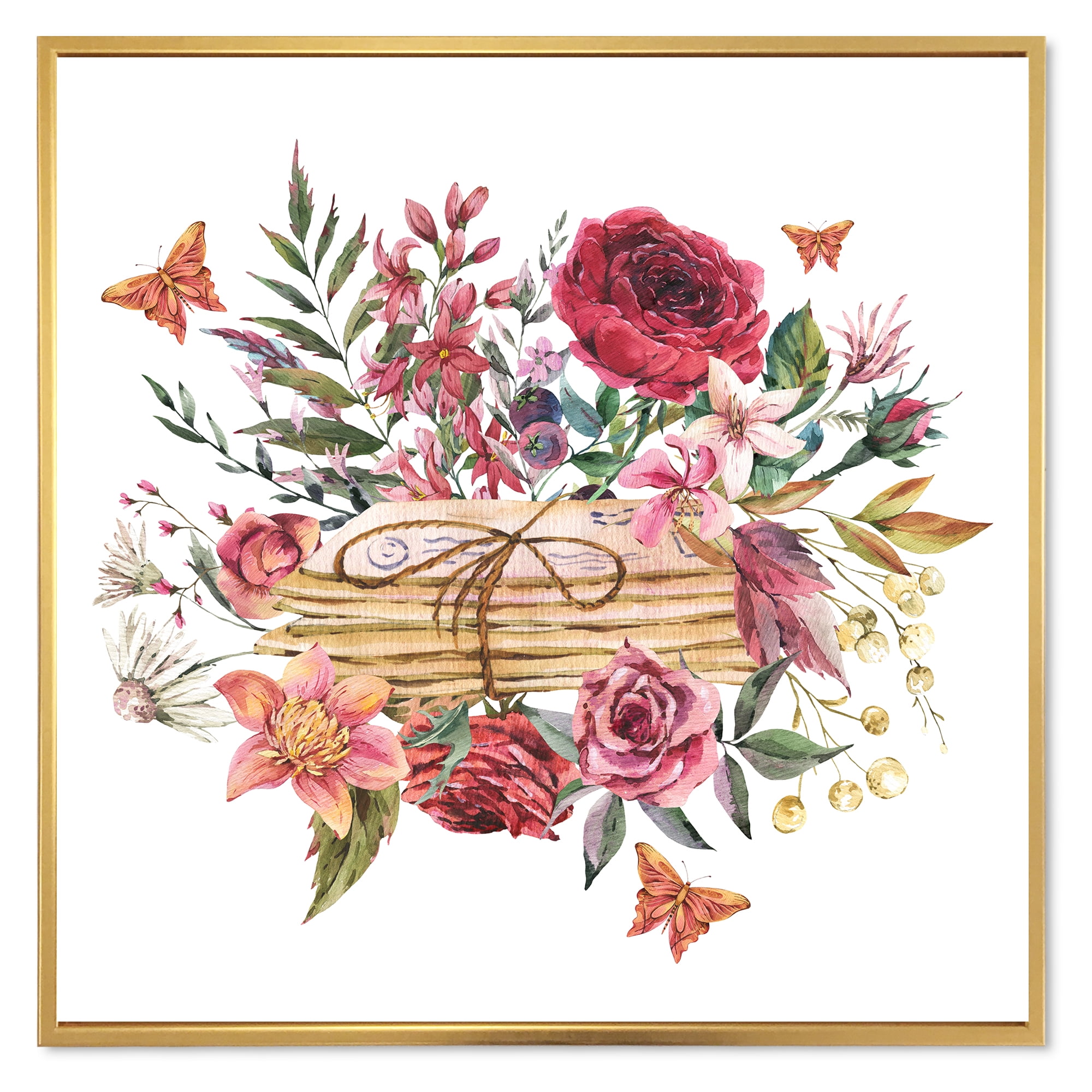 Wildflowers With Vintage Old Letters 30 in x 30 in Framed Painting Canvas Art Print, by Designart