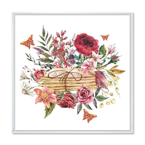 Wildflowers With Vintage Old Letters 36 in x 36 in Framed Painting Canvas Art Print, by Designart
