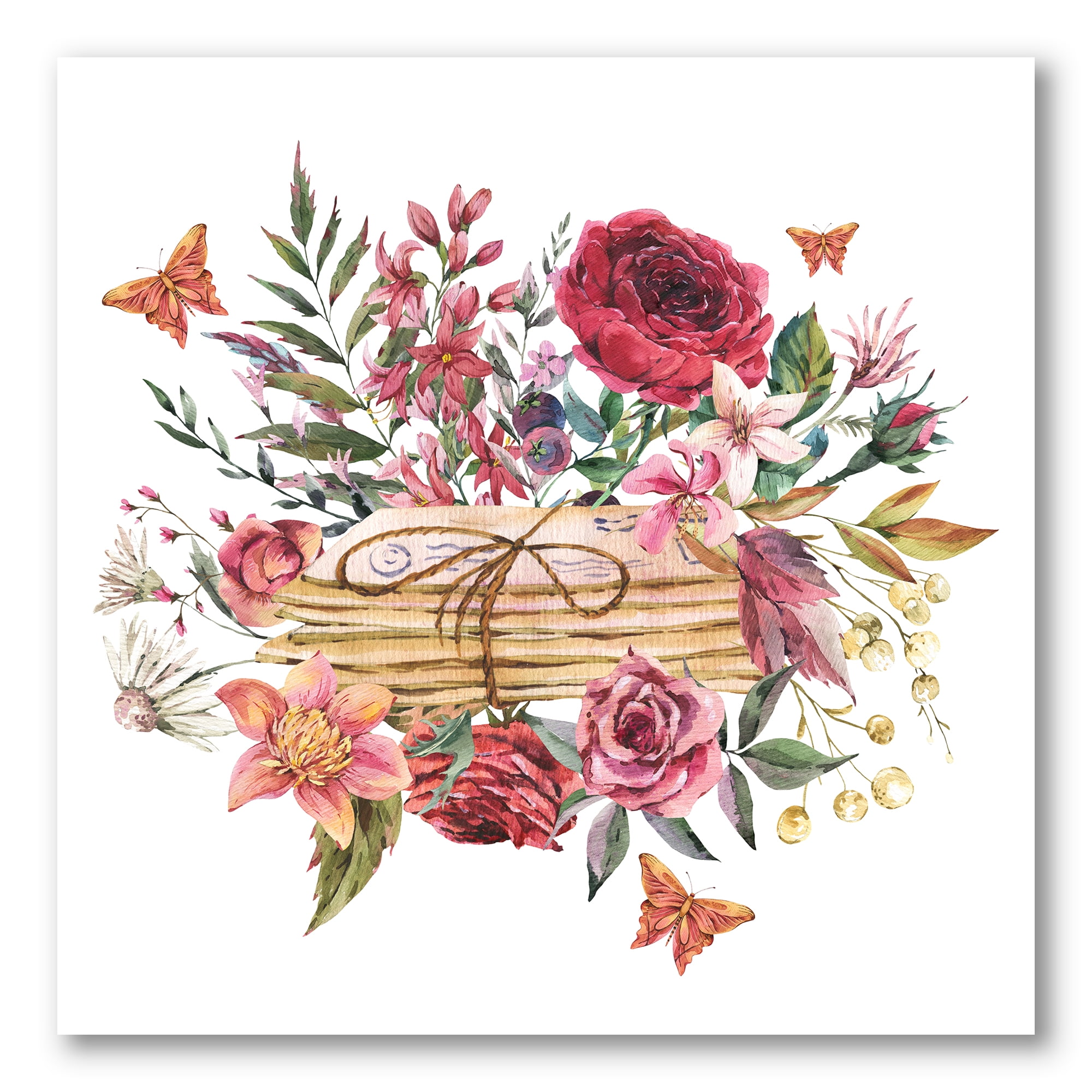 Red and Pink Floral Farmhouse Canvas Art Print with Wood Frame