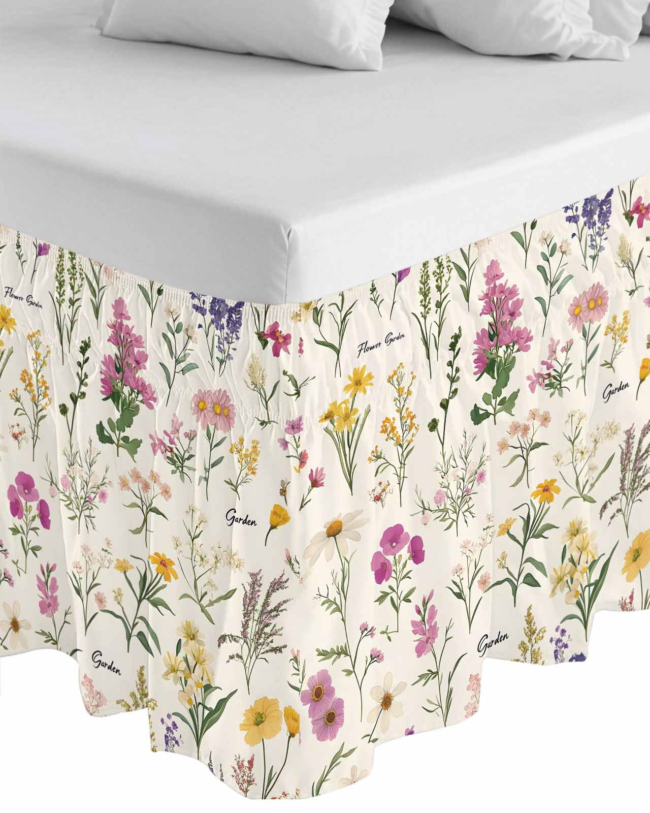 Wildflowers Wrap Around Bed Skirts for Queen Bed 16" Drop,Bed Skirt with Adjustable Elastic Belt Dust Ruffle Bed Valance for Bedroom Hotel Blossoming Botanical Prints Garden Floral Bed Frame Cover