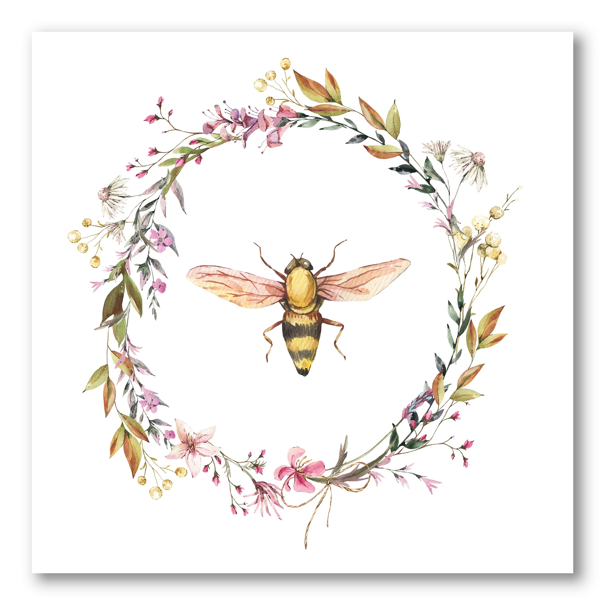 Wildflowers Wreath and A Bee 30 in x 30 in Painting Canvas Art Print, by Designart