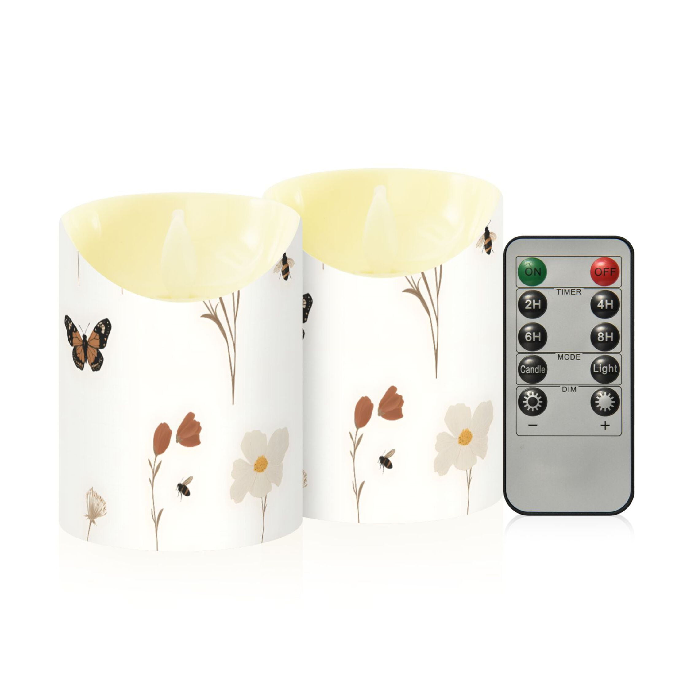 Wildflowers and Insects Flameless Candles 2 PCS with Remote Realistic Moving Flame LED Tapered Pillar Set for Home Decor