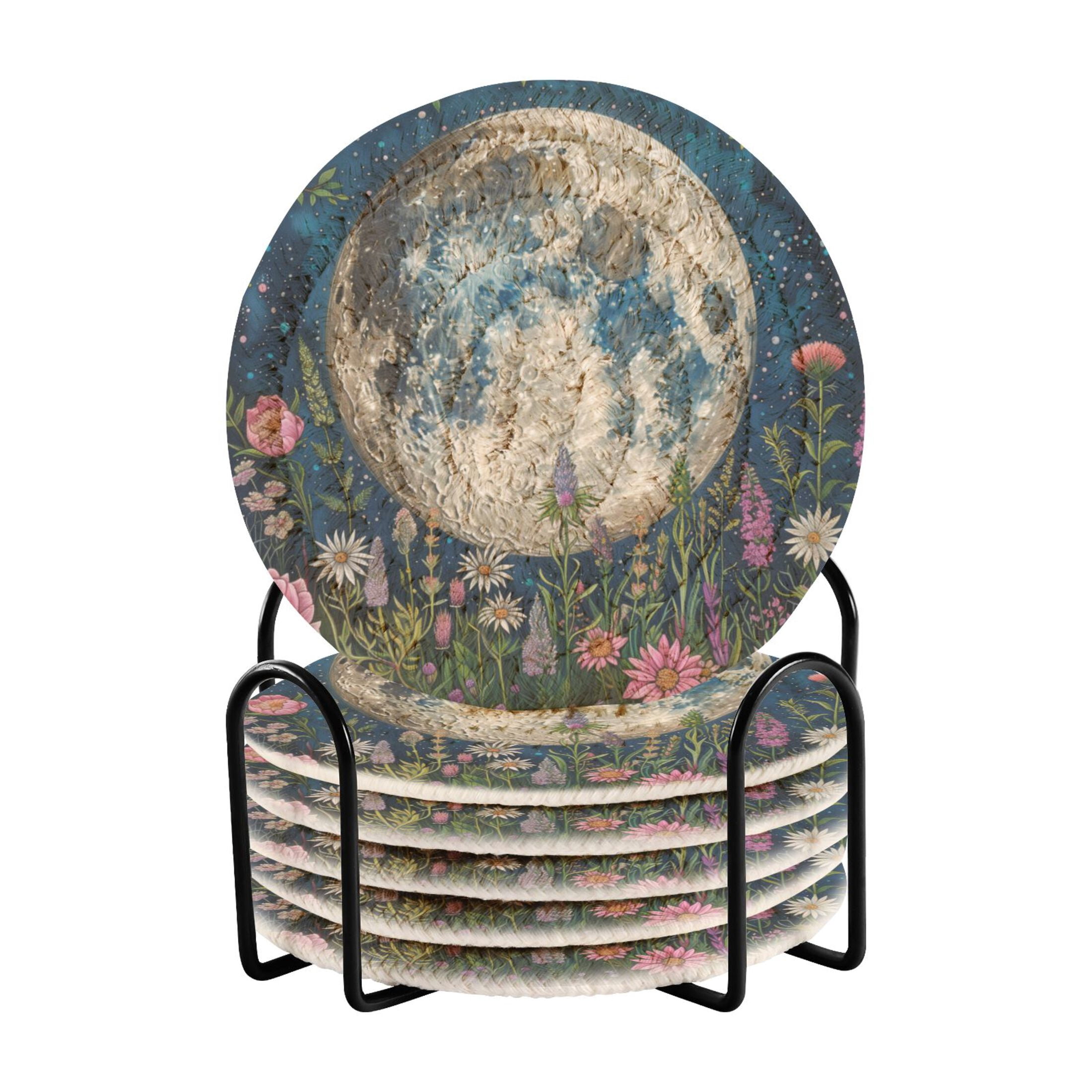 Moon Rug Coaster Wildflowers and Trees Surrounded Full Moon Coasters with Holder for ...