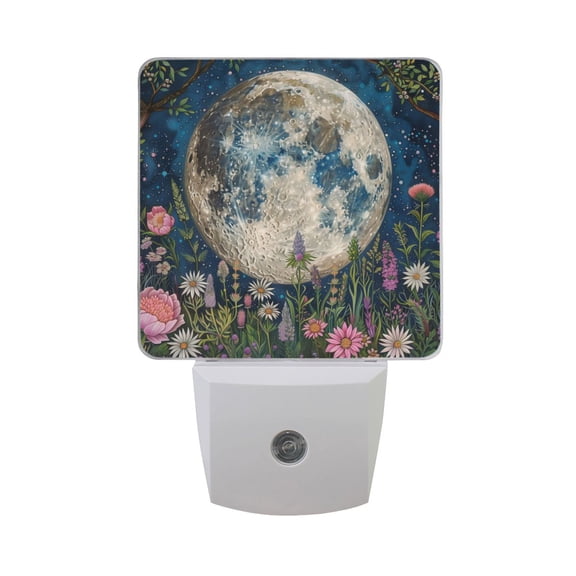 Wildflowers and Trees Surrounded Full Moon Night Light 2 Pack LED Nightlight Plug into Wall Dusk to Dawn Sensor Soft White