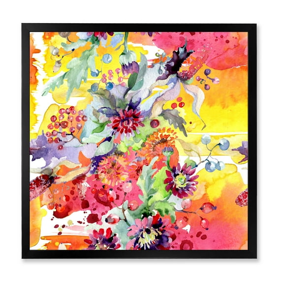 Wildflowers and Vibrant Wild Spring Leaves 16 in x 16 in Framed Painting Canvas Art Print, by Designart