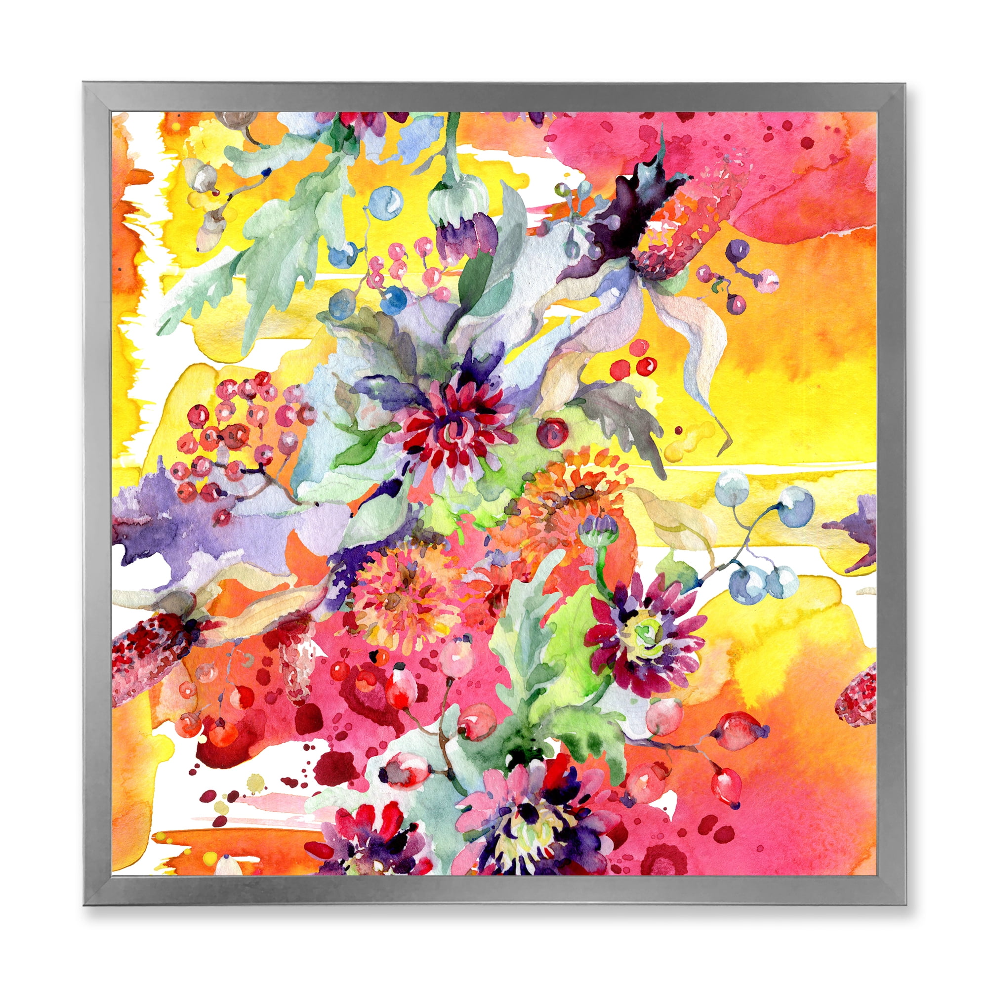 Wildflowers and Vibrant Wild Spring Leaves 16 in x 16 in Framed Painting Canvas Art Print, by Designart