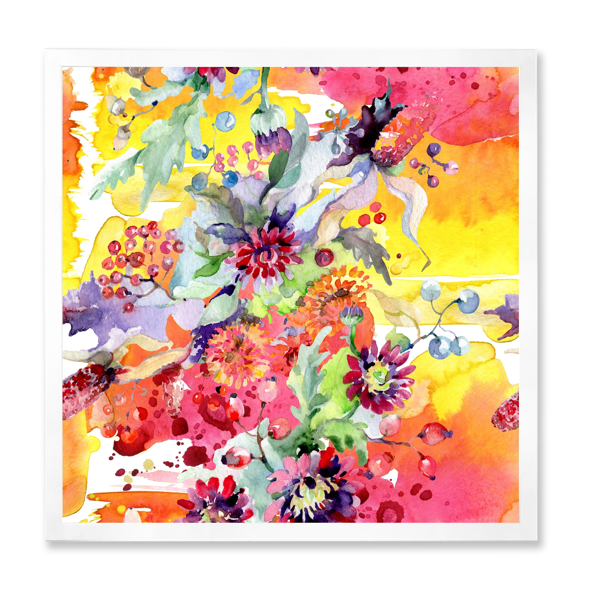 Wildflowers and Vibrant Wild Spring Leaves 30 in x 30 in Framed Painting Canvas Art Print, by Designart