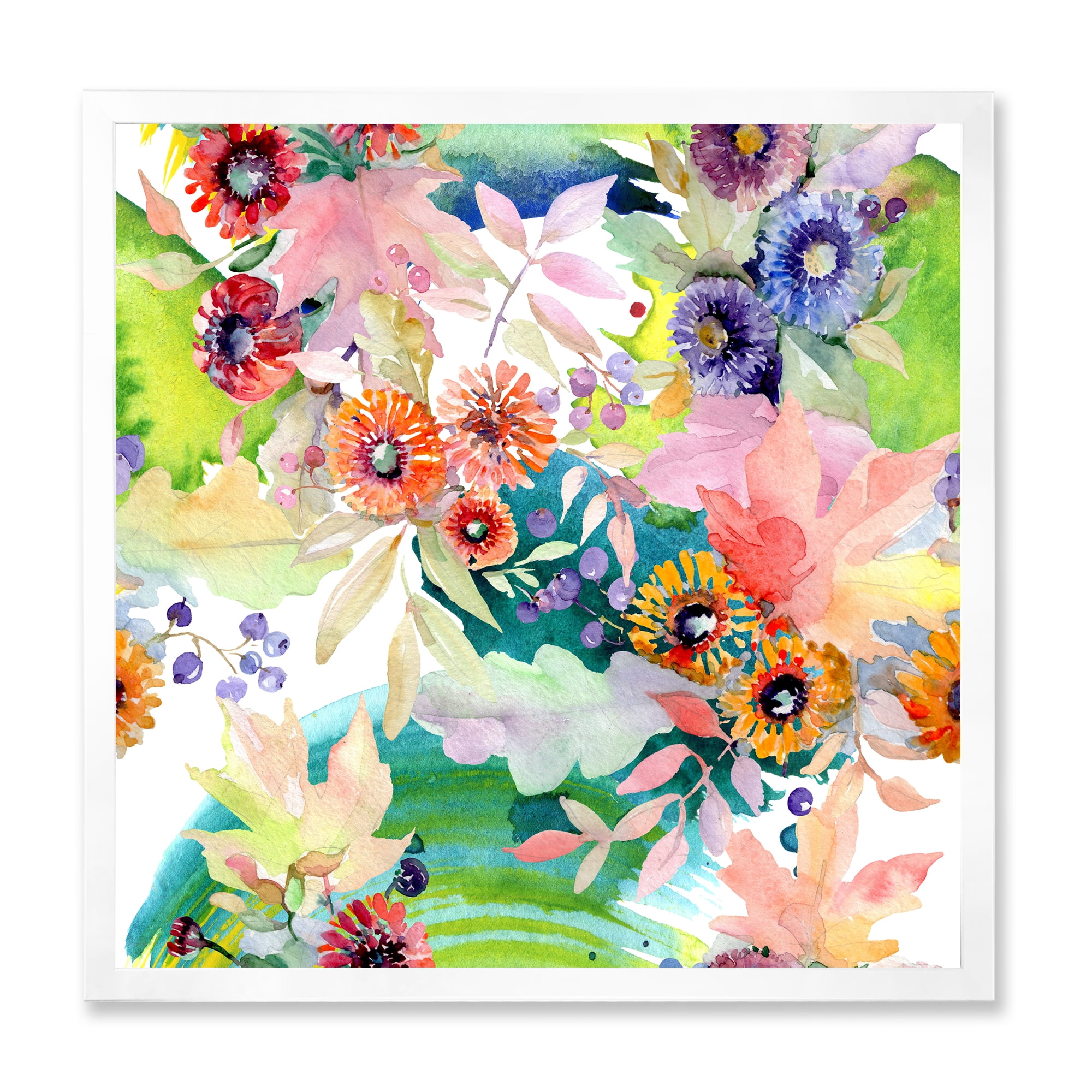 Wildflowers and Vibrant Wild Spring Leaves II 30 in x 30 in Framed Painting Canvas Art Print, by Designart