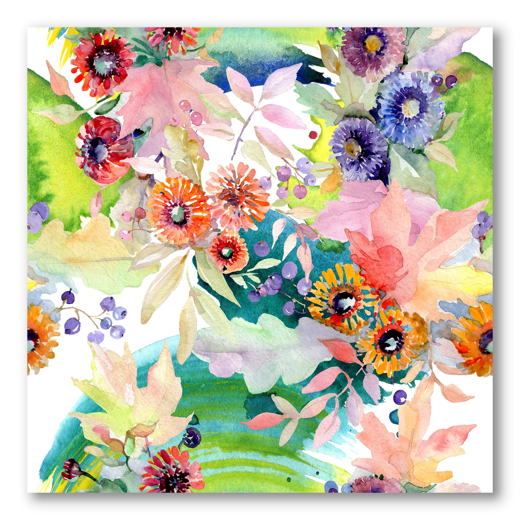 Wildflowers and Vibrant Wild Spring Leaves II 30 in x 30 in Painting Canvas Art Print, by Designart
