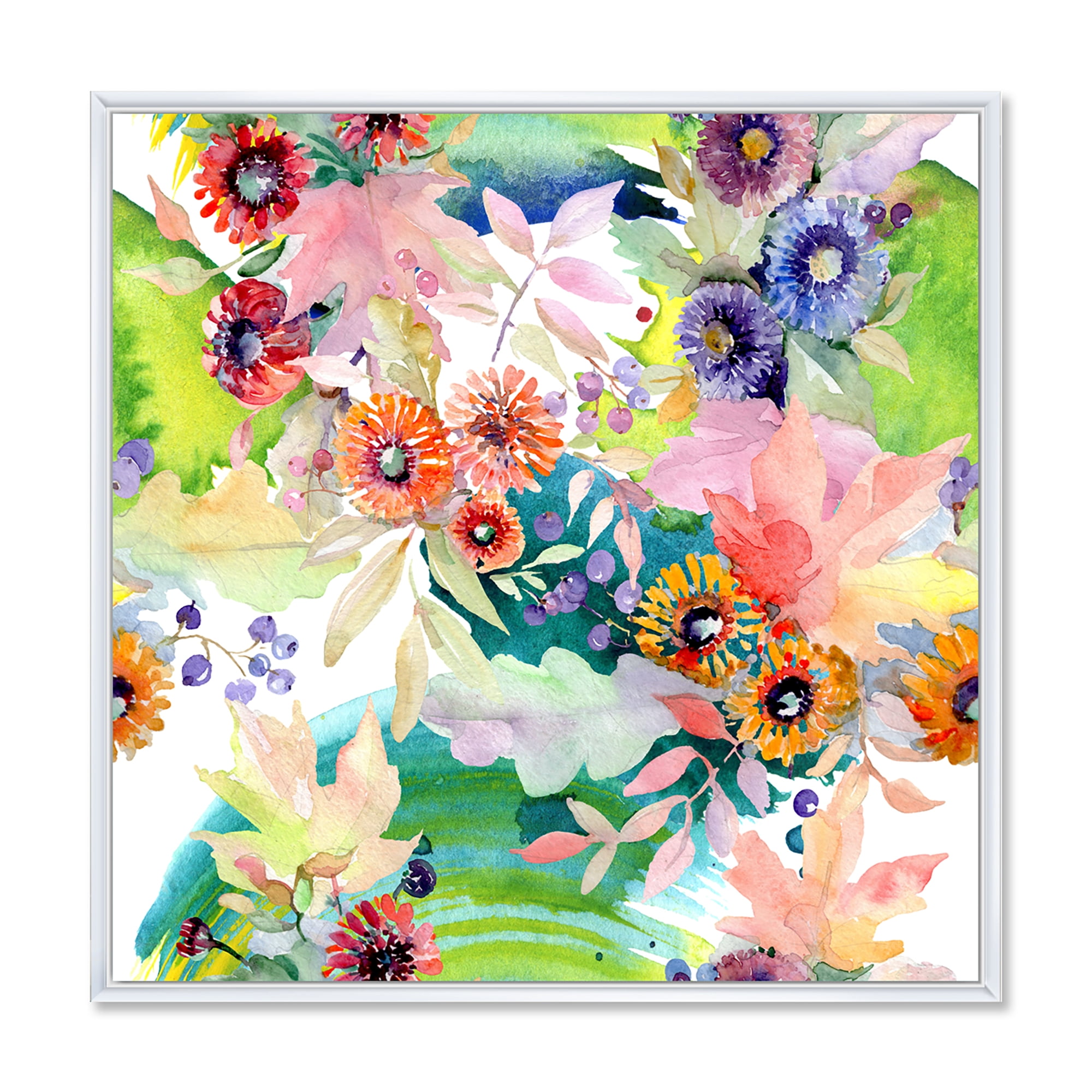 Wildflowers and Vibrant Wild Spring Leaves II 36 in x 36 in Framed Painting Canvas Art Print, by Designart