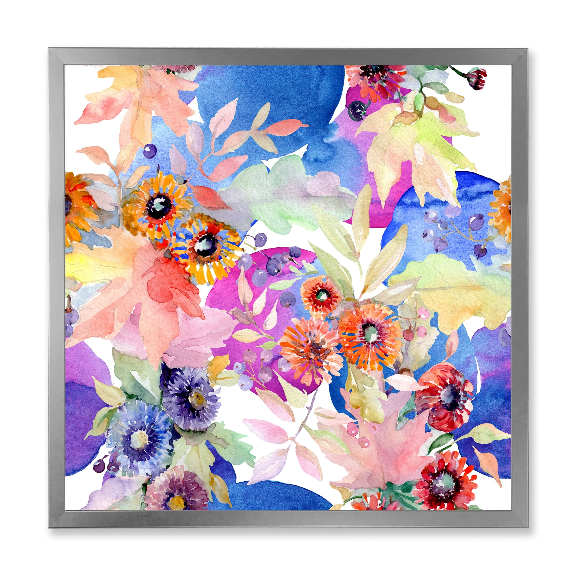 Wildflowers and Vibrant Wild Spring Leaves IV 16 in x 16 in Framed Painting Canvas Art Print, by Designart