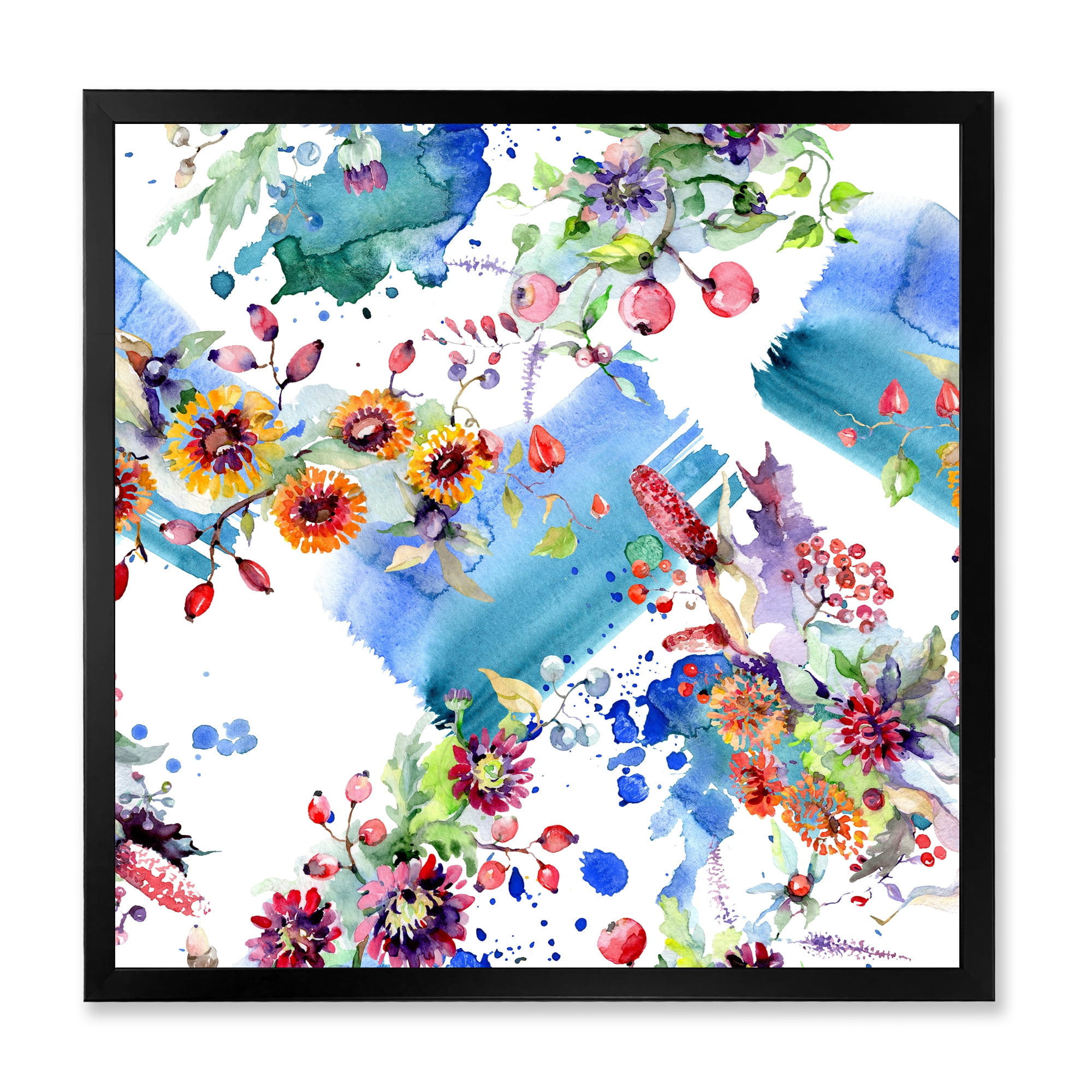 Wildflowers and Vibrant Wild Spring Leaves IX 30 in x 30 in Framed Painting Canvas Art Print, by Designart