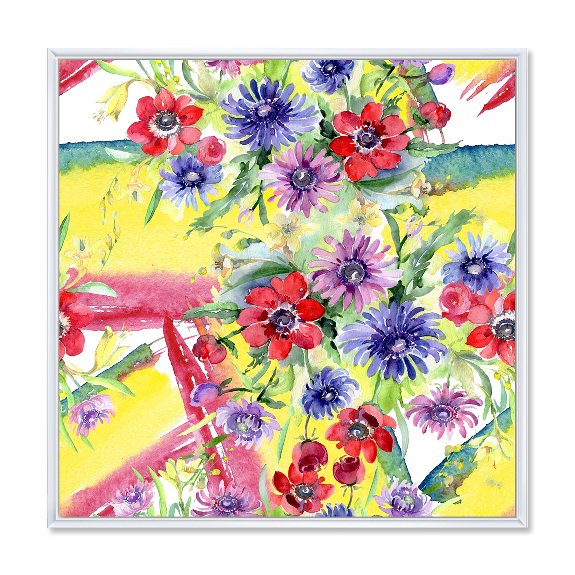 Wildflowers and Vibrant Wild Spring Leaves V 36 in x 36 in Framed Painting Canvas Art Print, by Designart