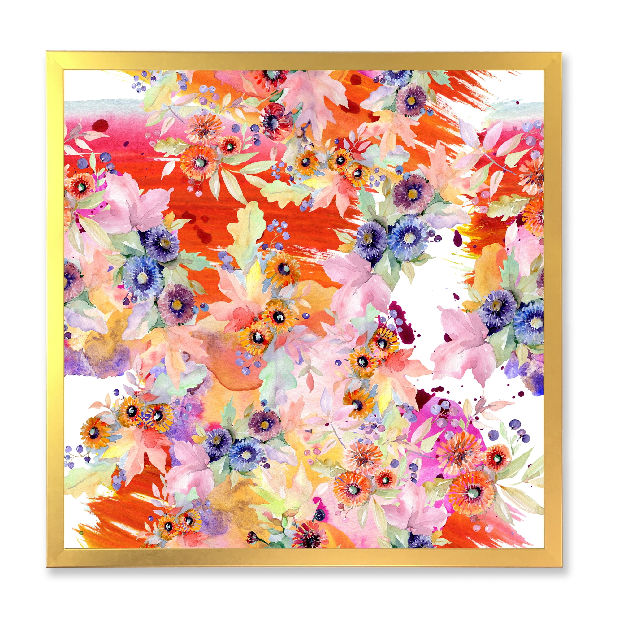 Wildflowers and Vibrant Wild Spring Leaves VI 30 in x 30 in Framed Painting Canvas Art Print, by Designart