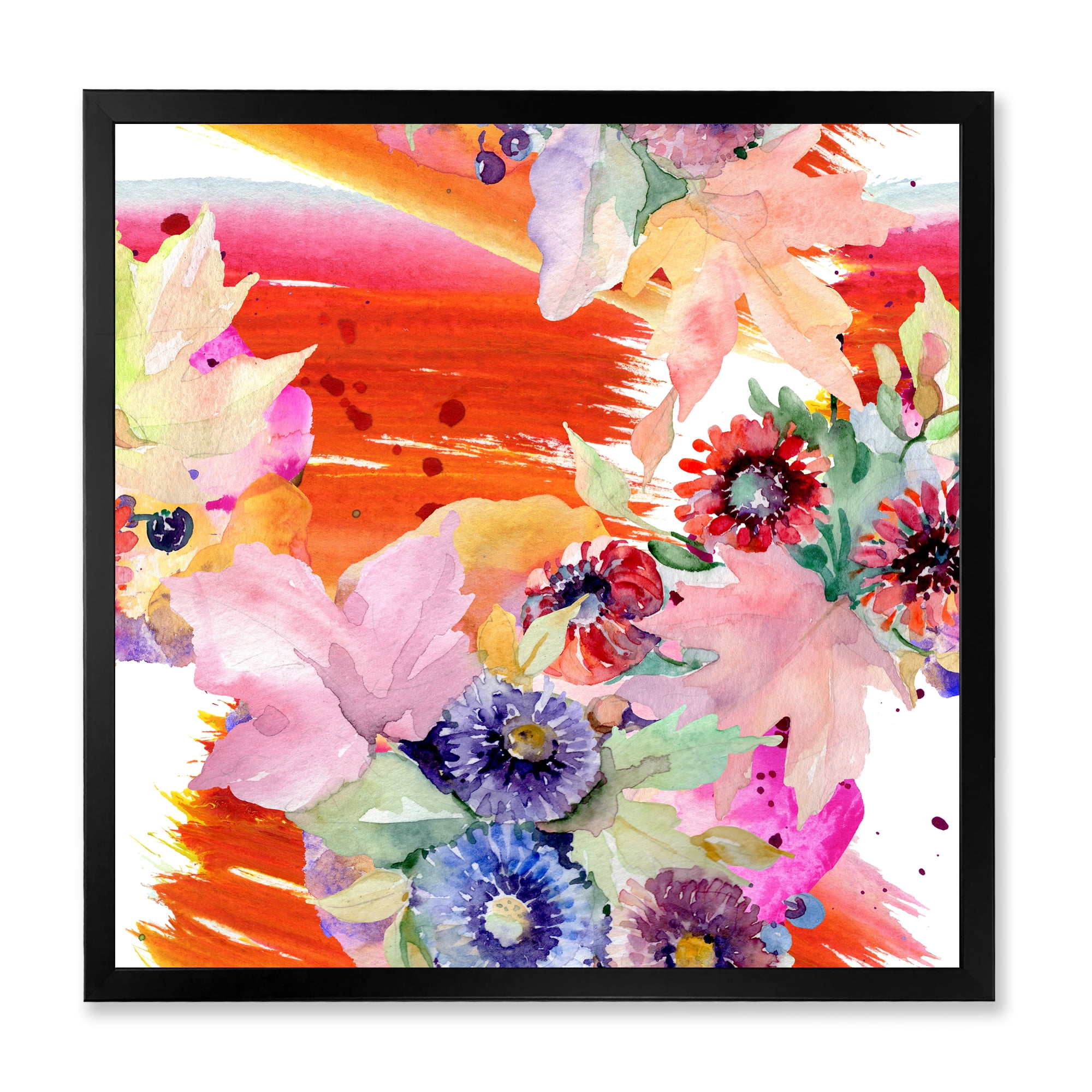 Wildflowers and Vibrant Wild Spring Leaves VII 16 in x 16 in Framed Painting Canvas Art Print, by Designart
