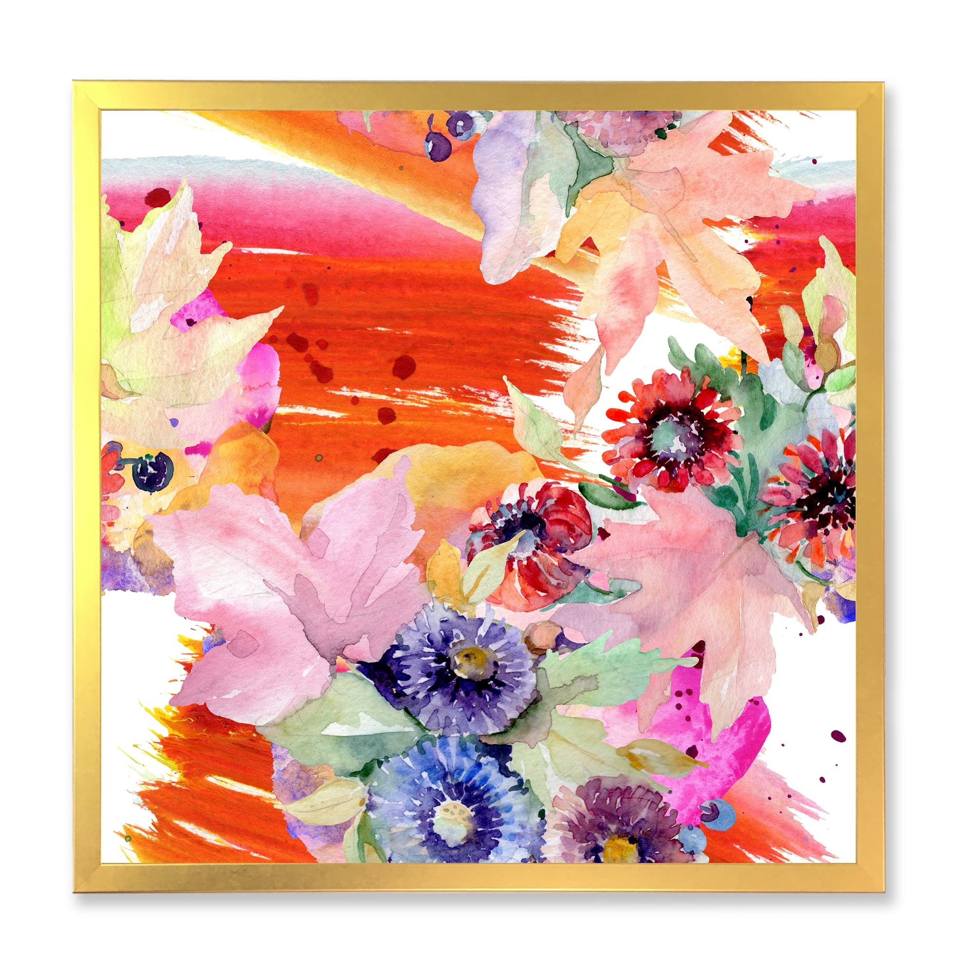 Wildflowers and Vibrant Wild Spring Leaves VII 36 in x 36 in Framed Painting Canvas Art Print, by Designart