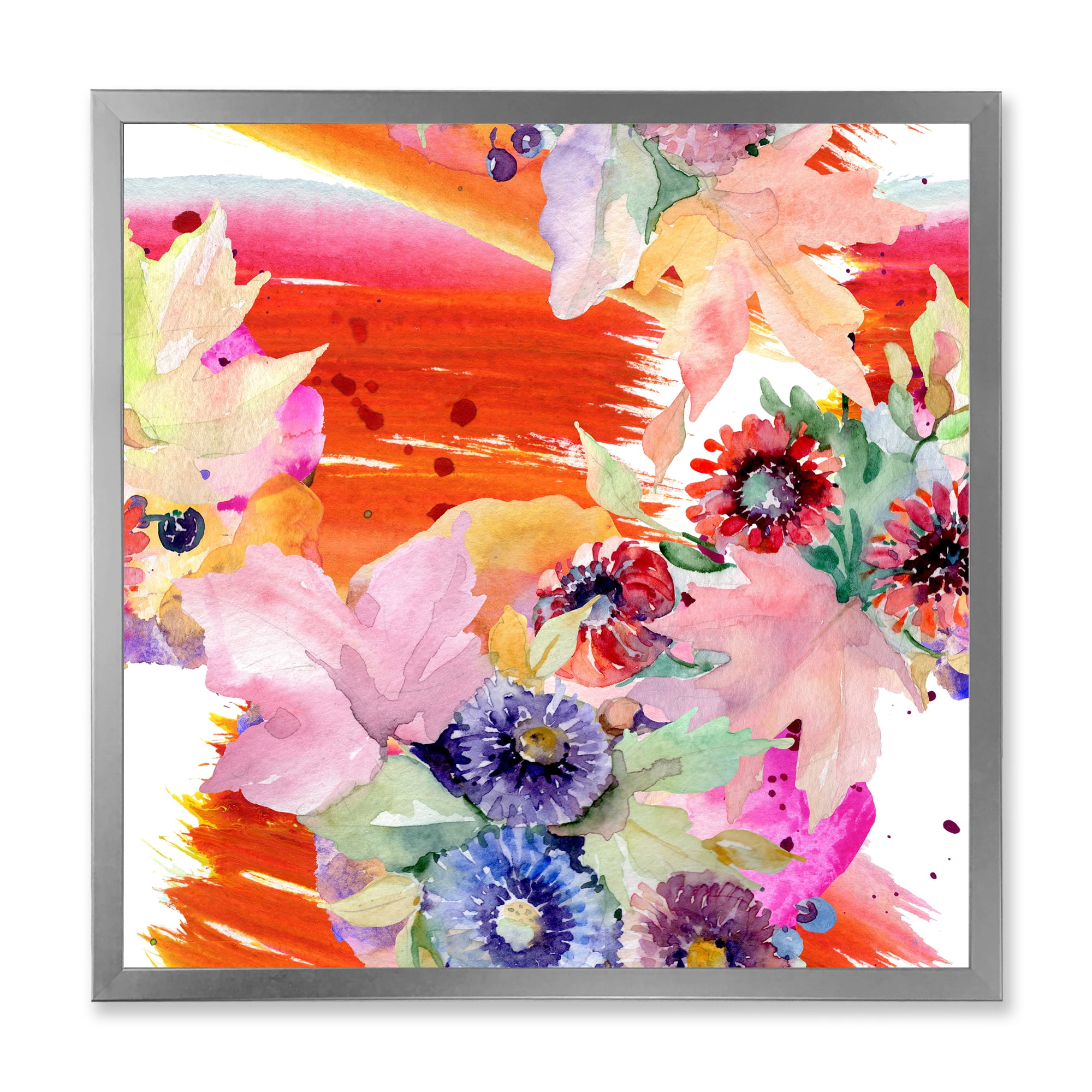 Wildflowers and Vibrant Wild Spring Leaves VII 36 in x 36 in Framed Painting Canvas Art Print, by Designart