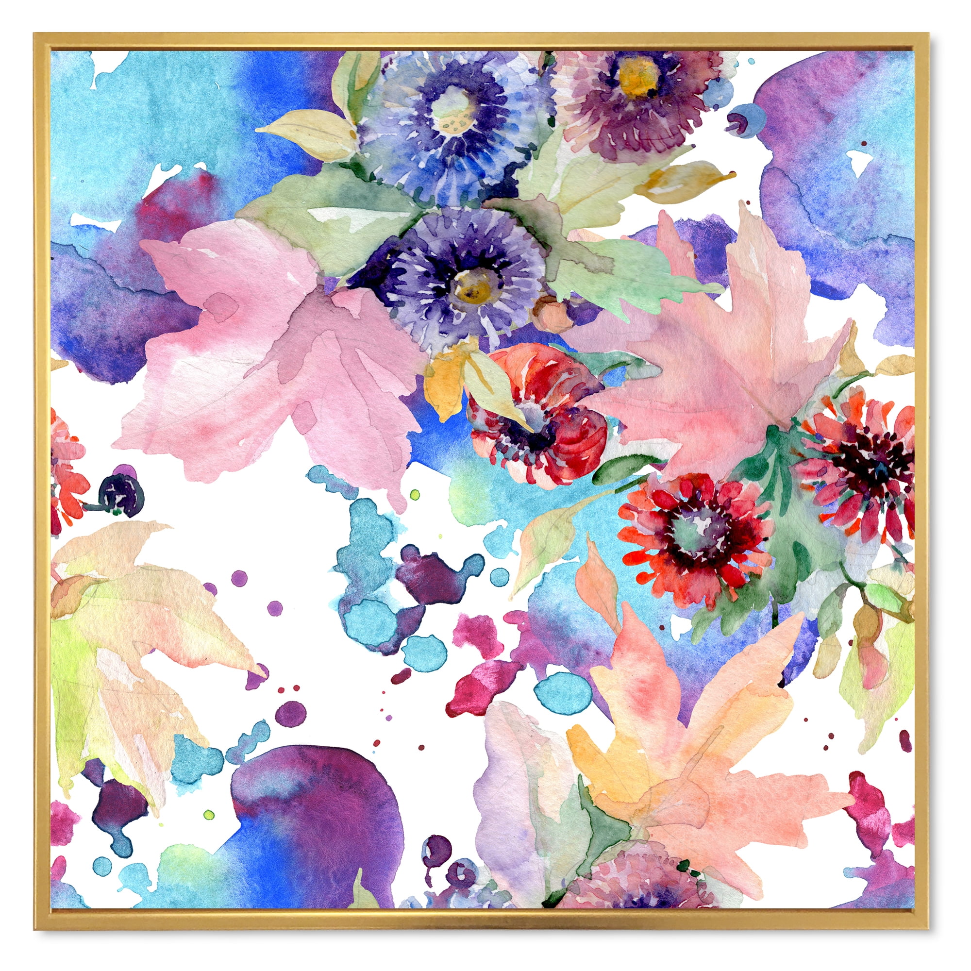 Wildflowers and Vibrant Wild Spring Leaves VIII 36 in x 36 in Framed Painting Canvas Art Print, by Designart