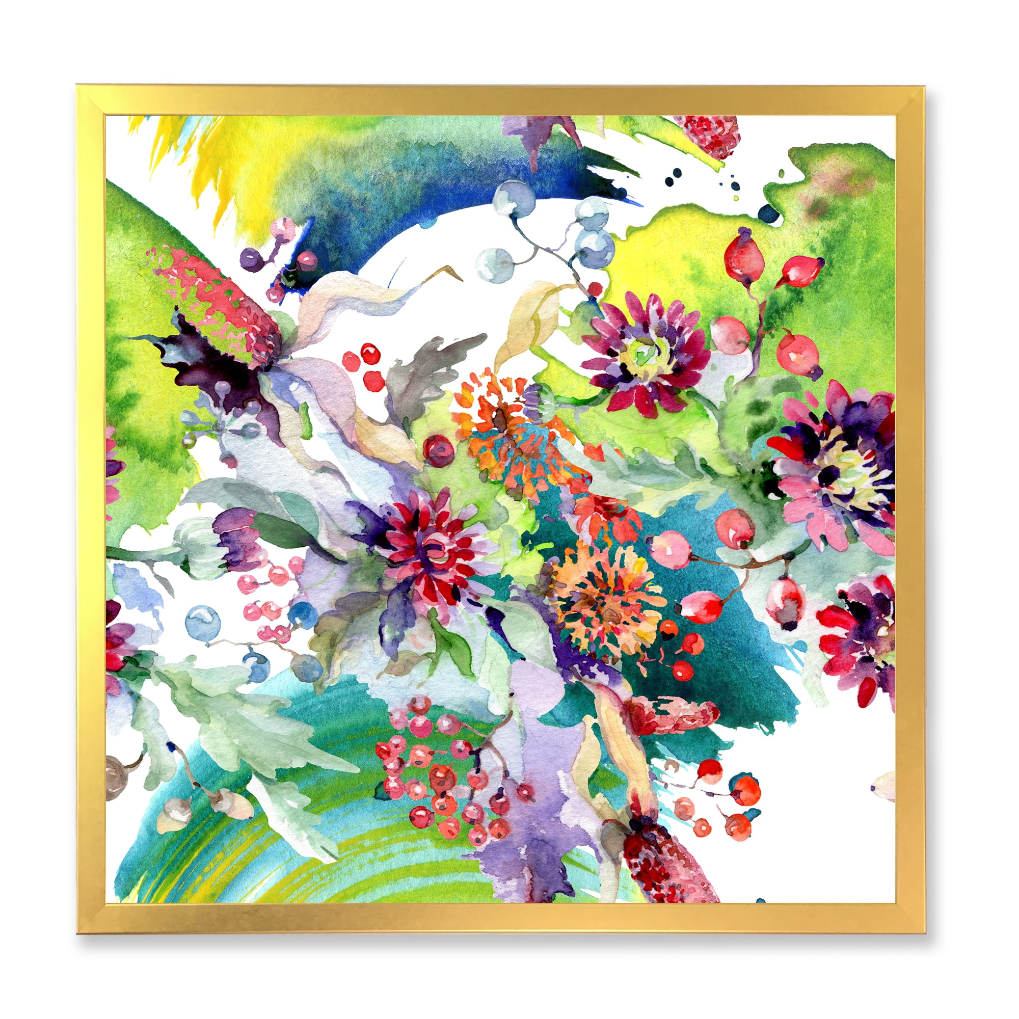 Wildflowers and Vibrant Wild Spring Leaves X 16 in x 16 in Framed Painting Canvas Art Print, by Designart