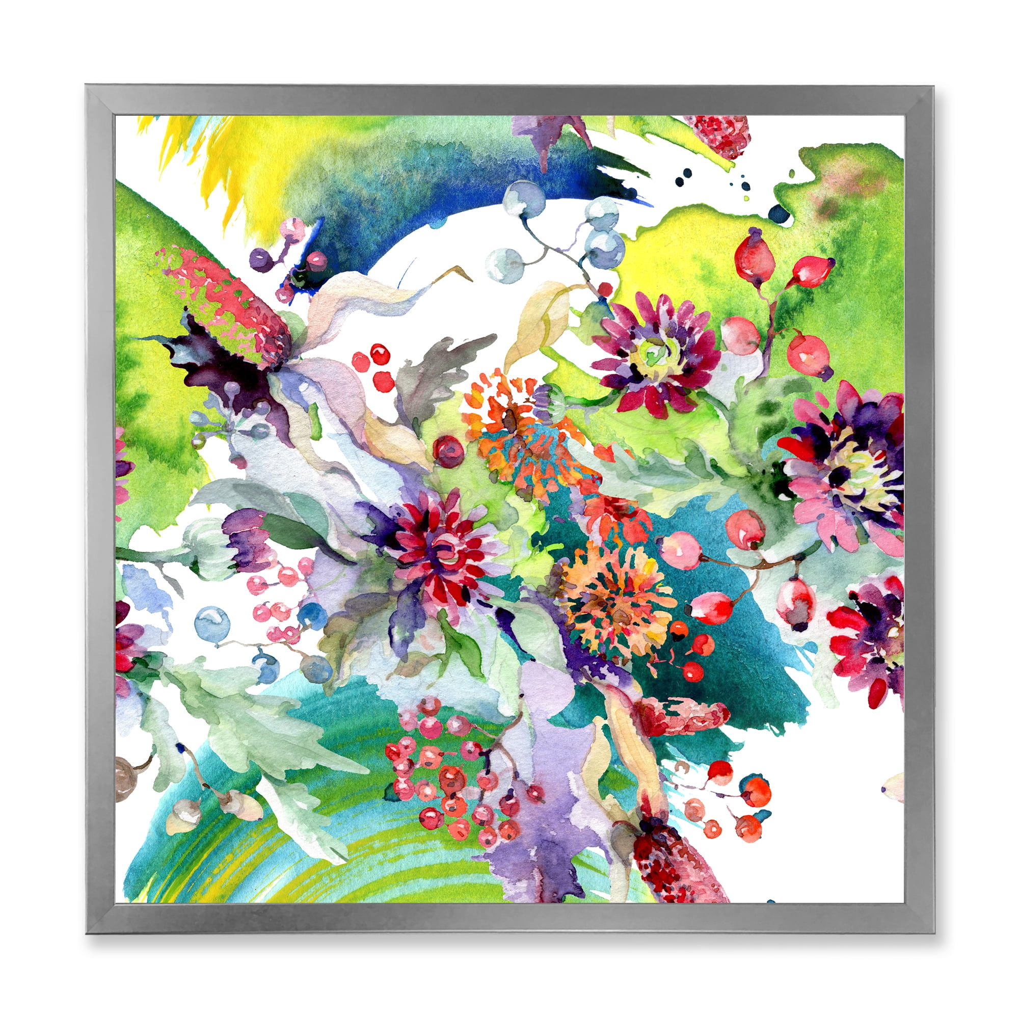 Wildflowers and Vibrant Wild Spring Leaves X 30 in x 30 in Framed Painting Canvas Art Print, by Designart