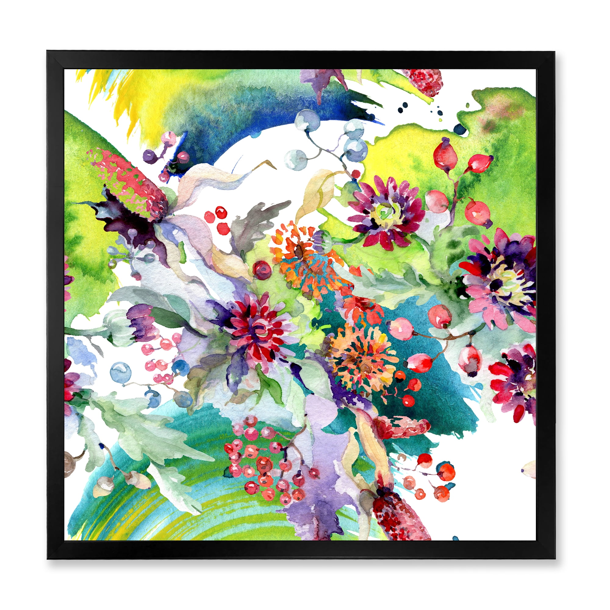 Wildflowers and Vibrant Wild Spring Leaves X 30 in x 30 in Framed Painting Canvas Art Print, by Designart