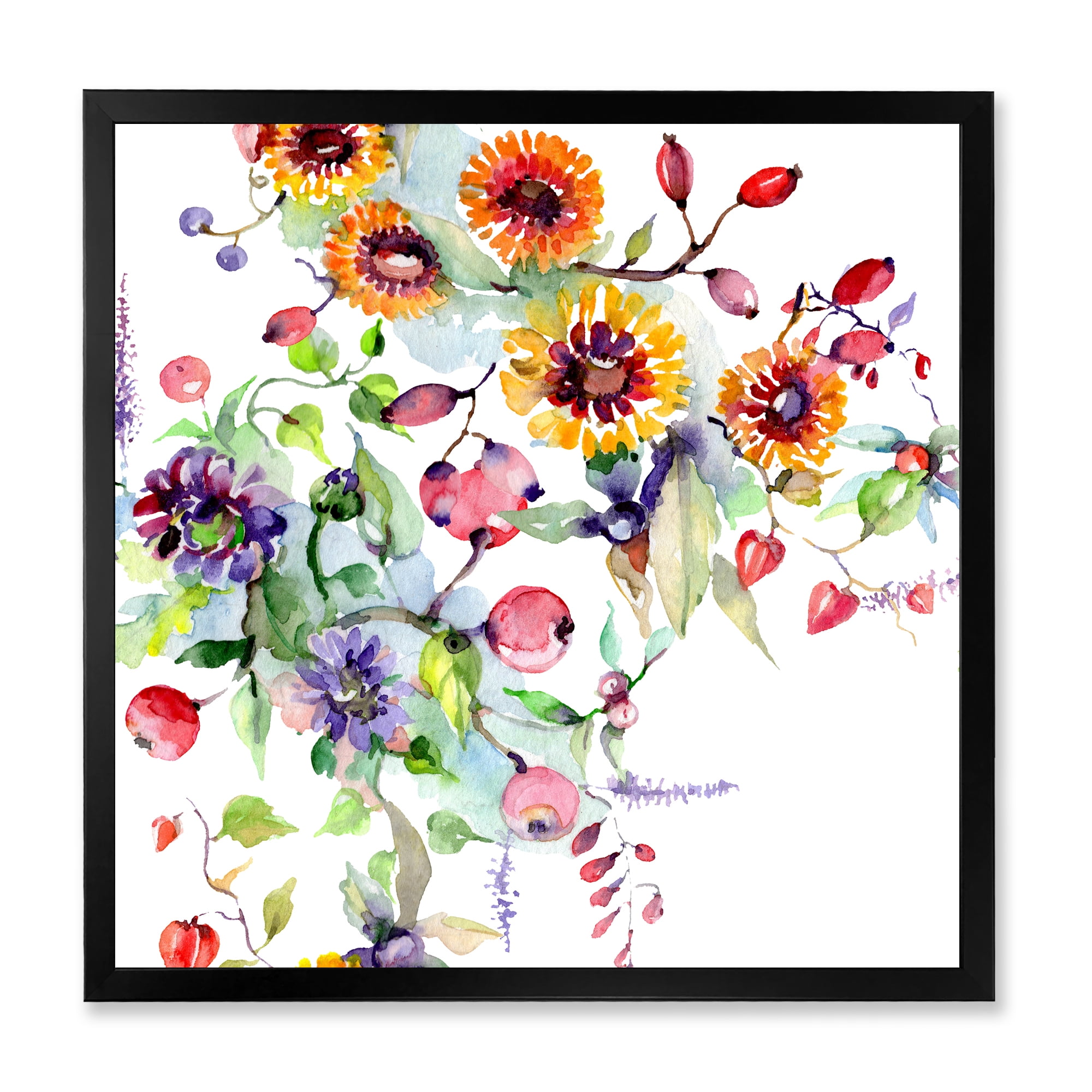 Wildflowers and Vibrant Wild Spring Leaves XI 16 in x 16 in Framed Painting Canvas Art Print, by Designart