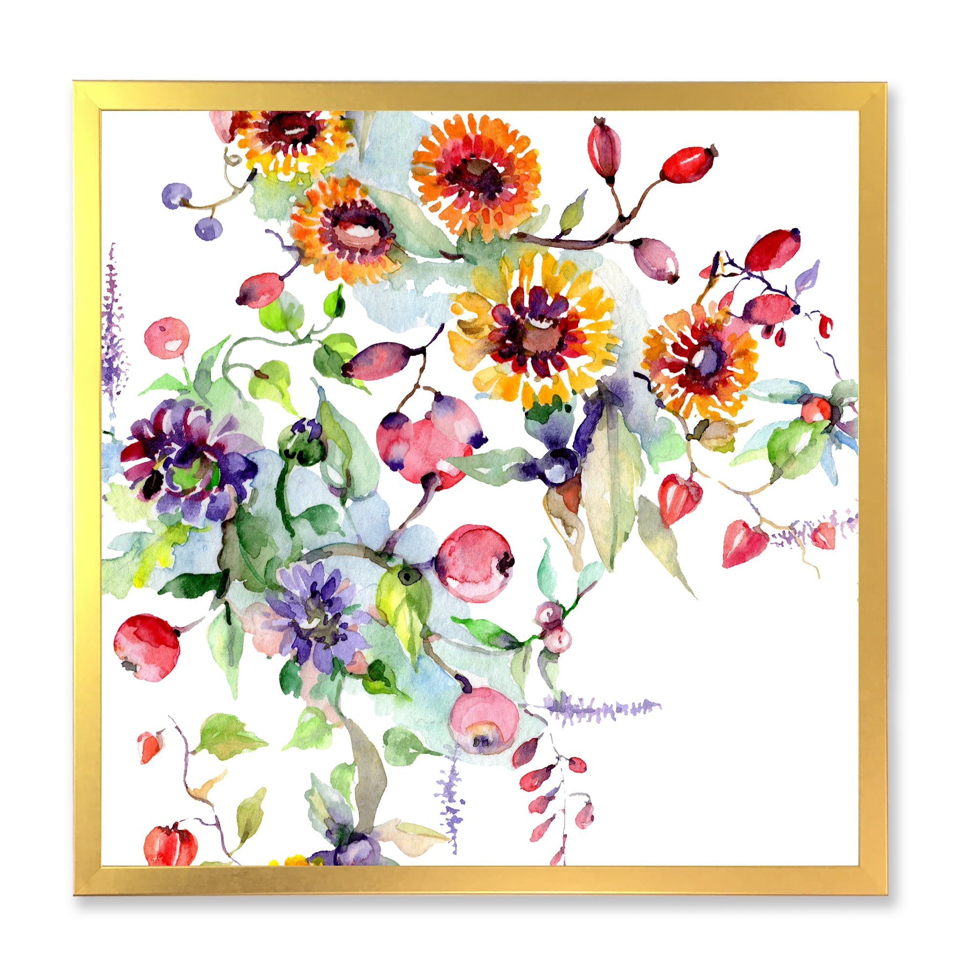 Wildflowers and Vibrant Wild Spring Leaves XI 30 in x 30 in Framed Painting Canvas Art Print, by Designart