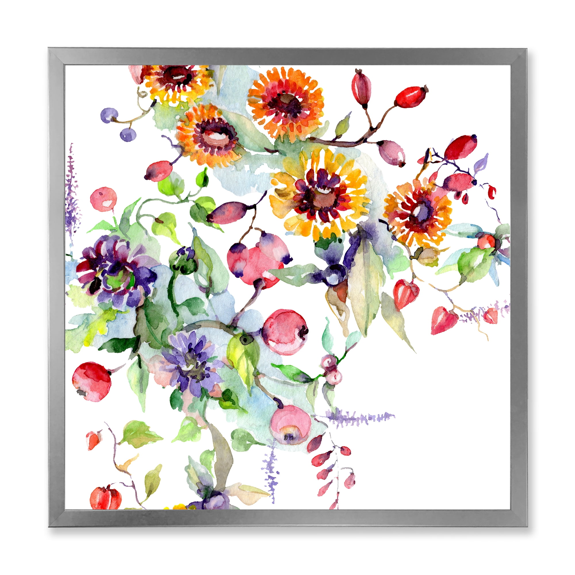 Wildflowers and Vibrant Wild Spring Leaves XI 36 in x 36 in Framed Painting Canvas Art Print, by Designart