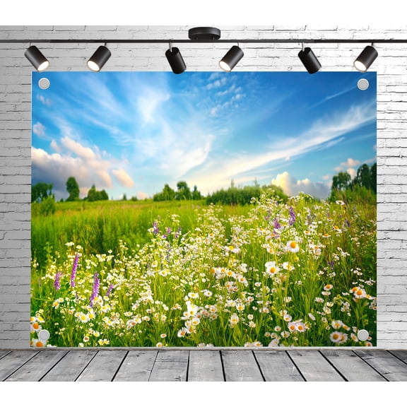 Wildflowers green meadow backdrop | Polyester fabric banner curtain, suitable for themed parties, outings, picnics, celebrations and studio props