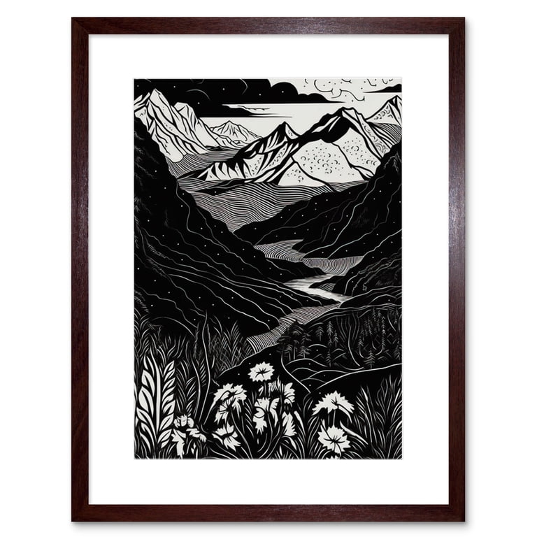 Wildflowers in Spring Mountain Landscape Linocut Artwork Framed