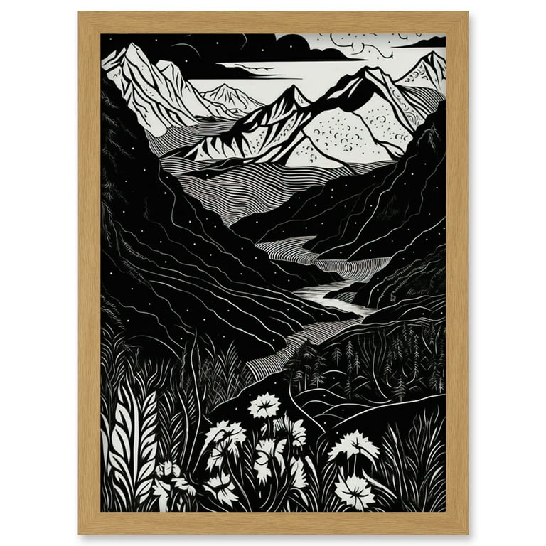 Wildflowers in Spring Mountain Landscape Linocut Artwork Framed