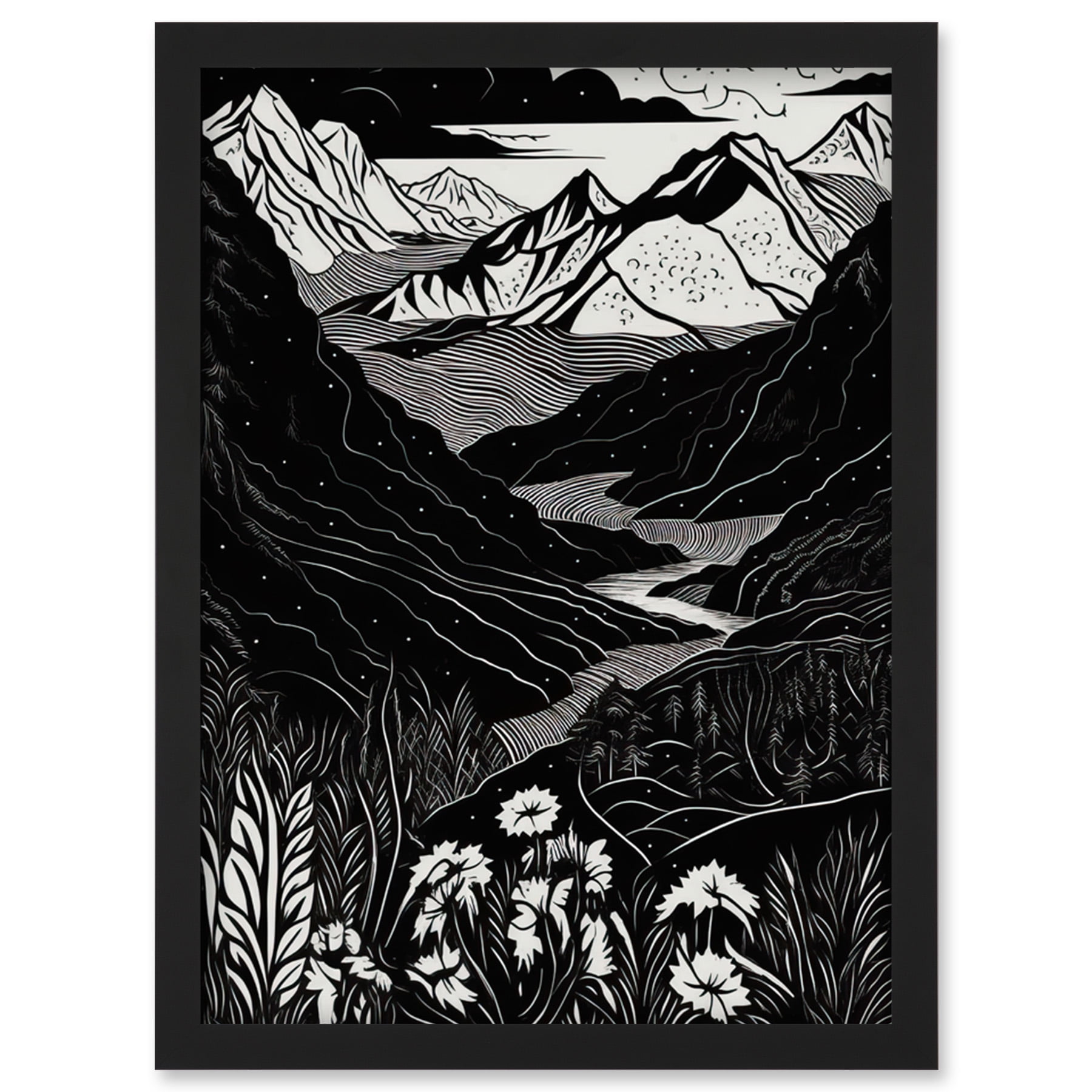 アート・デザイン・音楽 Black Mountain Mountain River Landscape Purple and Black Linocut Framed Art