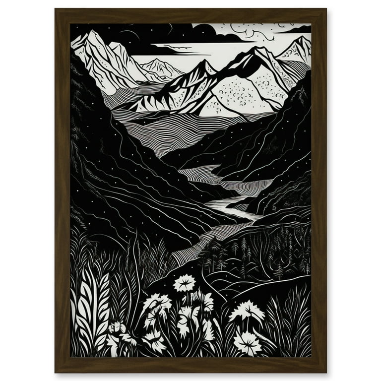 Wildflowers in Spring Mountain Landscape Linocut Artwork Framed