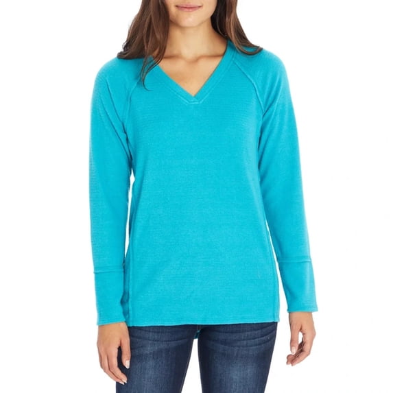 Wildfox Women's Long Sleeve V-Neck Haley Brushed Sweater Waffle Top (Peacock, XXL)